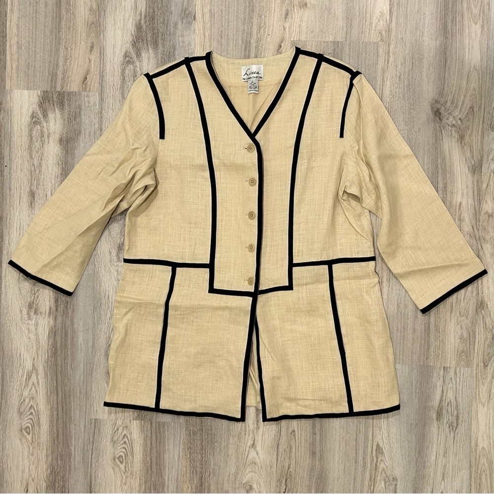 Vintage Linea Louis Dell Olio Linen Blazer Cream Black Trim Button Jacket Size L